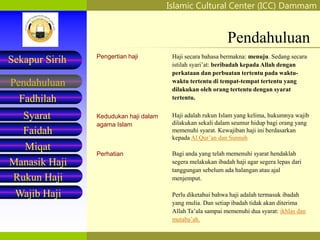 Islamic Cultural Center (ICC) Dammam
Fadhilah
Syarat
Faidah
Miqat
Pendahuluan
Sekapur Sirih
Manasik Haji
Rukun Haji
Wajib Haji
Pengertian haji
Kedudukan haji dalam
agama Islam
Perhatian
Haji secara bahasa bermakna: menuju. Sedang secara
istilah syari’at: beribadah kepada Allah dengan
perkataan dan perbuatan tertentu pada waktu-
waktu tertentu di tempat-tempat tertentu yang
dilakukan oleh orang tertentu dengan syarat
tertentu.
Haji adalah rukun Islam yang kelima, hukumnya wajib
dilakukan sekali dalam seumur hidup bagi orang yang
memenuhi syarat. Kewajiban haji ini berdasarkan
kepada Al Qur’an dan Sunnah
Bagi anda yang telah memenuhi syarat hendaklah
segera melakukan ibadah haji agar segera lepas dari
tanggungan sebelum ada halangan atau ajal
menjemput.
Perlu diketahui bahwa haji adalah termasuk ibadah
yang mulia. Dan setiap ibadah tidak akan diterima
Allah Ta’ala sampai memenuhi dua syarat: ikhlas dan
mutaba’ah.
Pendahuluan
 
