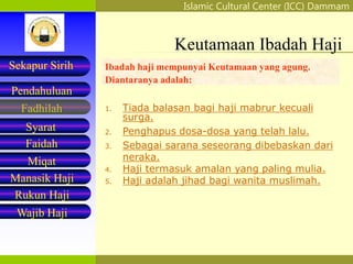 Islamic Cultural Center (ICC) Dammam
Fadhilah
Syarat
Faidah
Miqat
Pendahuluan
Sekapur Sirih
Manasik Haji
Rukun Haji
Wajib Haji
Ibadah haji mempunyai Keutamaan yang agung.
Diantaranya adalah:
Keutamaan Ibadah Haji
1. Tiada balasan bagi haji mabrur kecuali
surga.
2. Penghapus dosa-dosa yang telah lalu.
3. Sebagai sarana seseorang dibebaskan dari
neraka.
4. Haji termasuk amalan yang paling mulia.
5. Haji adalah jihad bagi wanita muslimah.
 