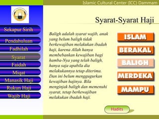 Islamic Cultural Center (ICC) Dammam
Fadhilah
Syarat
Faidah
Miqat
Pendahuluan
Sekapur Sirih
Manasik Haji
Rukun Haji
Wajib Haji
Syarat-Syarat Haji
Baligh adalah syarat wajib, anak
yang belum baligh tidak
berkewajiban melakukan ibadah
haji, karena Allah hanya
membebankan kewajiban bagi
hamba-Nya yang telah baligh,
hanya saja apabila dia
melakukannya tetap diterima.
Dan ini belum menggugurkan
kewajiban hajinya. Bila
menginjak baligh dan memenuhi
syarat, tetap berkewajiban
melakukan ibadah haji.
Hadits
 