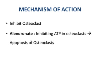 MECHANISM OF ACTION
• Inhibit Osteoclast
• Alendronate : Inhibiting ATP in osteoclasts 
Apoptosis of Osteoclasts
 