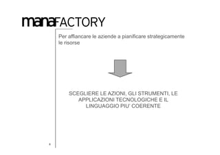 Per affiancare le aziende a pianificare strategicamente
    le risorse




        SCEGLIERE LE AZIONI, GLI STRUMENTI, LE
           APPLICAZIONI TECNOLOGICHE E IL
             LINGUAGGIO PIU’ COERENTE




4
 