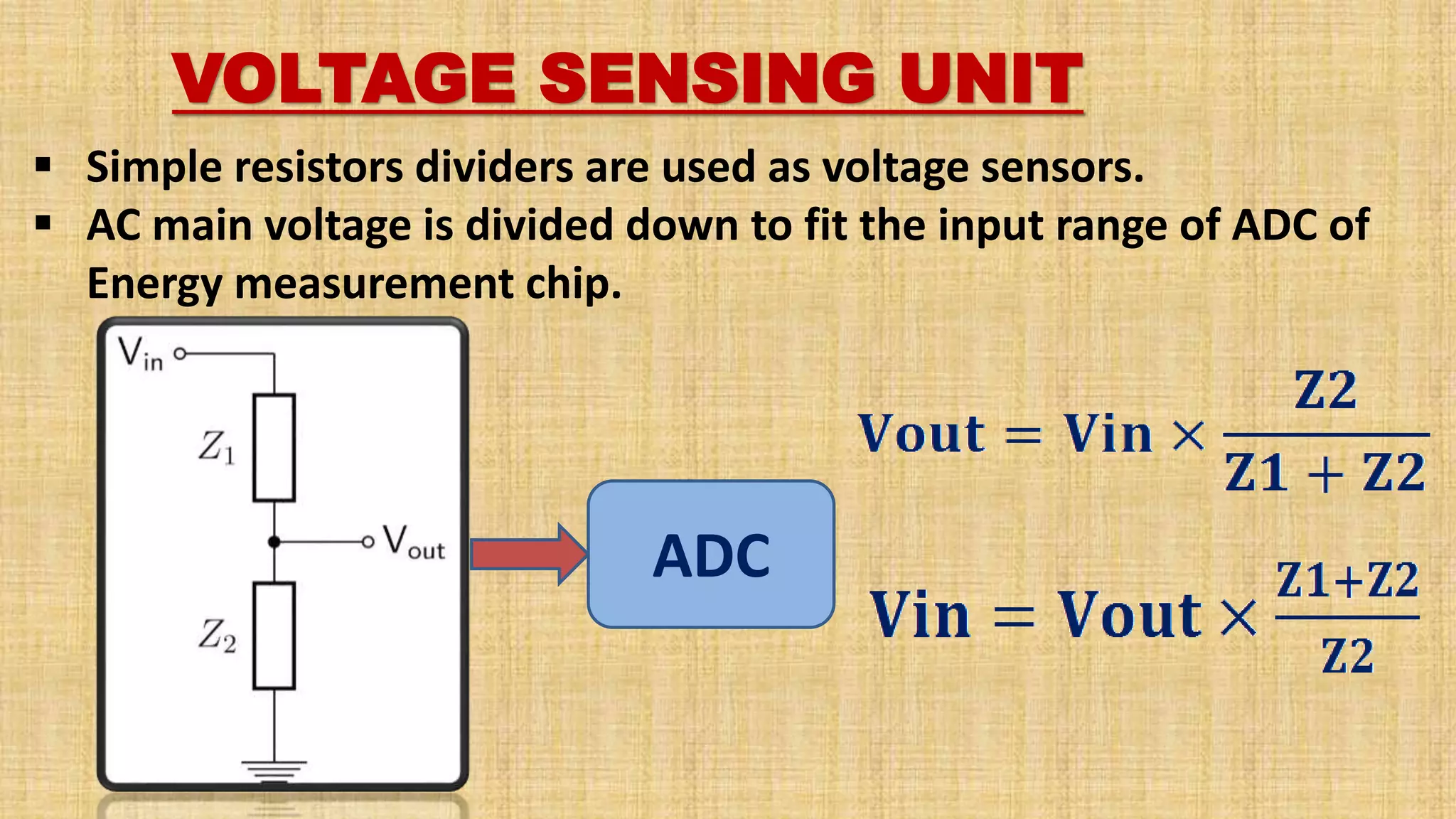 VOLTAGE SENSING UNIT
ADC
 Simple resistors dividers are used as voltage sensors.
 AC main voltage is divided down to fit the input range of ADC of
Energy measurement chip.
 