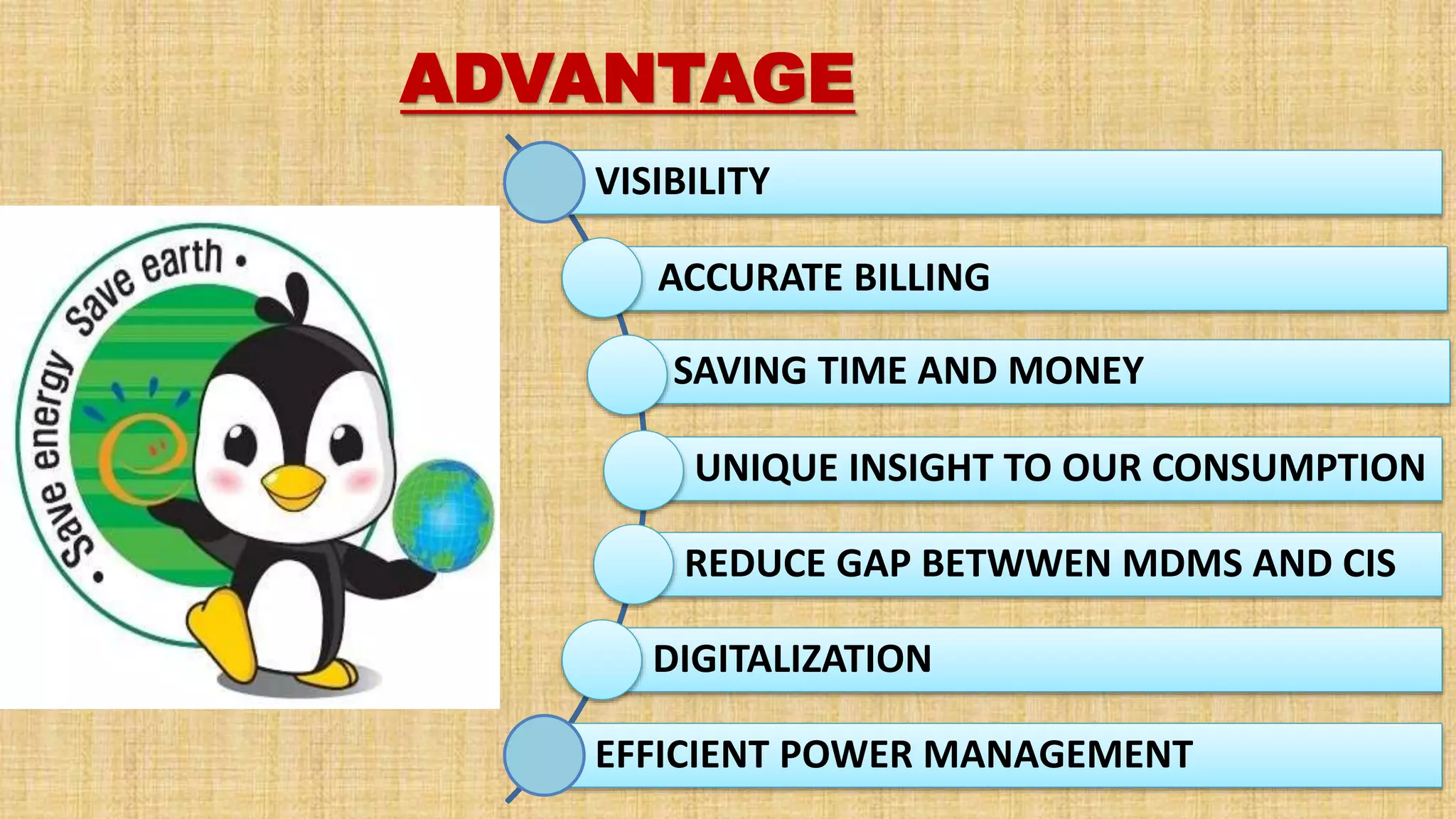 ADVANTAGE
VISIBILITY
ACCURATE BILLING
SAVING TIME AND MONEY
UNIQUE INSIGHT TO OUR CONSUMPTION
REDUCE GAP BETWWEN MDMS AND CIS
DIGITALIZATION
EFFICIENT POWER MANAGEMENT
 