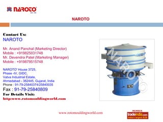 NAROTO


Contact Us:
NAROTO
Mr. Anand Panchal (Marketing Director)
Mobile : +919825031748
Mr. Devendra Patel (Marketing Manager)
Mobile : +919879515748

NAROTO' House 3725,
Phase -IV, GIDC,
Vatva Industrial Estate,
Ahmedabad - 382445, Gujarat, India
Phone : 91-79-25840374/25840035
Fax : 91-79-25840809
For Details Visit:
http:www.rotomouldingworld.com


                                     www.rotomouldingworld.com
                                              roto1234
 