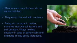 • Manures are recycled and do not
cause pollution.
• They enrich the soil with nutrients.
• Being rich in organic matter,
manures improve soil texture and
soil aeration. Water holding
capacity in case of sandy soils and
drainage in clay soil is increased.
 
