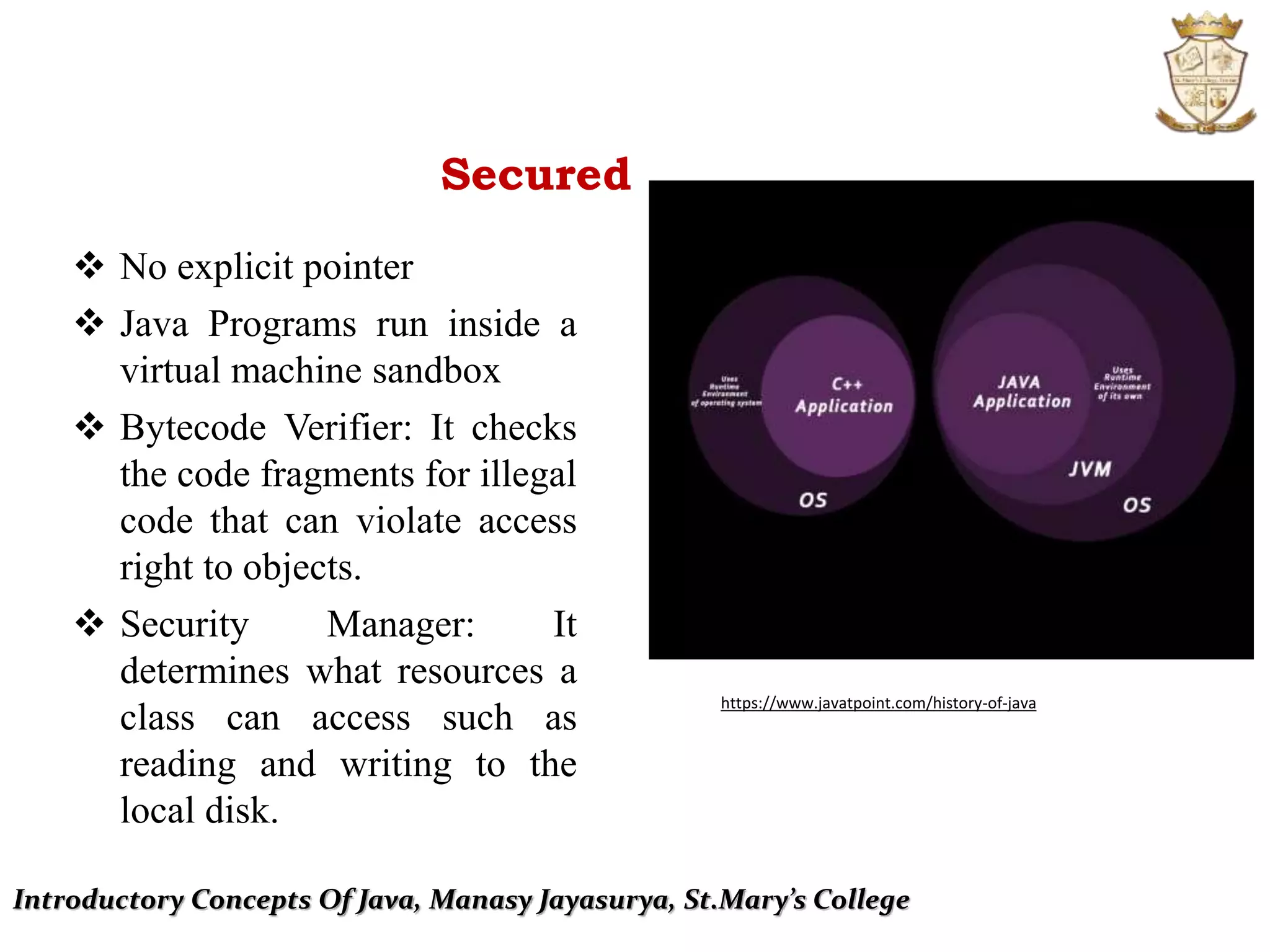 Introductory Concepts Of Java, Manasy Jayasurya, St.Mary’s College
Secured
 No explicit pointer
 Java Programs run inside a
virtual machine sandbox
 Bytecode Verifier: It checks
the code fragments for illegal
code that can violate access
right to objects.
 Security Manager: It
determines what resources a
class can access such as
reading and writing to the
local disk.
https://www.javatpoint.com/history-of-java
 