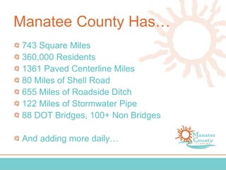Manatee County Has…
743 Square Miles
360,000 Residents
1361 Paved Centerline Miles
80 Miles of Shell Road
655 Miles of Roadside Ditch
122 Miles of Stormwater Pipe
88 DOT Bridges, 100+ Non Bridges
And adding more daily…
 