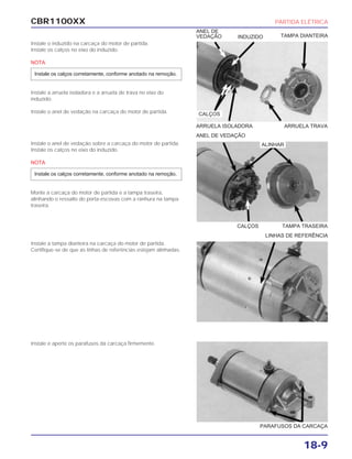 CBR1100XX PARTIDA ELÉTRICA
18-9
Instale o induzido na carcaça do motor de partida.
Instale os calços no eixo do induzido.
NOTA
Instale a arruela isoladora e a arruela de trava no eixo do
induzido.
Instale o anel de vedação na carcaça do motor de partida.
Instale os calços corretamente, conforme anotado na remoção.
Instale o anel de vedação sobre a carcaça do motor de partida.
Instale os calços no eixo do induzido.
NOTA
Monte a carcaça do motor de partida e a tampa traseira,
alinhando o ressalto do porta-escovas com a ranhura na tampa
traseira.
Instale os calços corretamente, conforme anotado na remoção.
Instale a tampa dianteira na carcaça do motor de partida.
Certifique-se de que as linhas de referências estejam alinhadas.
Instale e aperte os parafusos da carcaça firmemente.
INDUZIDO TAMPA DIANTEIRA
ANEL DE
VEDAÇÃO
ANEL DE VEDAÇÃO
LINHAS DE REFERÊNCIA
ARRUELA ISOLADORA ARRUELA TRAVA
CALÇOS TAMPA TRASEIRA
PARAFUSOS DA CARCAÇA
CALÇOS
ALINHAR
 