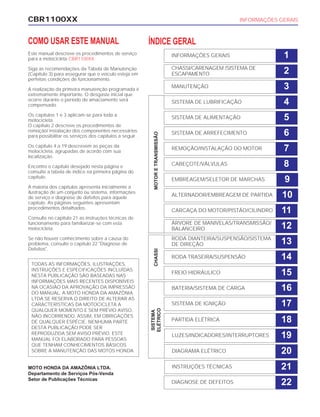 INFORMAÇÕES GERAIS
CHASSI/CARENAGEM /SISTEMA DE
ESCAPAMENTO
MANUTENÇÃO
SISTEMA DE LUBRIFICAÇÃO
SISTEMA DE ALIMENTAÇÃO
SISTEMA DE ARREFECIMENTO
REMOÇÃO/INSTALAÇÃO DO MOTOR
CABEÇOTE/VÁLVULAS
EMBREAGEM/SELETOR DE MARCHAS
ALTERNADOR/EMBREAGEM DE PARTIDA
CARCAÇA DO MOTOR/PISTÃO/CILINDRO
ÁRVORE DE MANIVELAS/TRANSMISSÃO/
BALANCEIRO
RODA DIANTEIRA/SUSPENSÃO/SISTEMA
DE DIREÇÃO
RODA TRASEIRA/SUSPENSÃO
FREIO HIDRÁULICO
BATERIA/SISTEMA DE CARGA
SISTEMA DE IGNIÇÃO
PARTIDA ELÉTRICA
LUZES/INDICADORES/INTERRUPTORES
DIAGRAMA ELÉTRICO
INSTRUÇÕES TÉCNICAS
DIAGNOSE DE DEFEITOS
1
2
3
4
5
6
7
8
9
10
11
12
13
14
15
16
17
18
19
20
22
21
CBR1100XX INFORMAÇÕES GERAIS
COMO USAR ESTE MANUAL
Este manual descreve os procedimentos de serviço
para a motocicleta CBR1100XX.
Siga as recomendações da Tabela de Manutenção
(Capítulo 3) para assegurar que o veículo esteja em
perfeitas condições de funcionamento.
A realização da primeira manutenção programada é
extremamente importante. O desgaste inicial que
ocorre durante o período de amaciamento será
compensado.
Os capítulos 1 e 3 aplicam-se para toda a
motocicleta.
O capítulo 2 descreve os procedimentos de
remoção/ instalação dos componentes necessários
para possibilitar os serviços dos capítulos a seguir.
Os capítulo 4 a 19 descrevem as peças da
motocicleta, agrupadas de acordo com sua
localização.
Encontre o capítulo desejado nesta página e
consulte a tabela de índice na primeira página do
capítulo.
A maioria dos capítulos apresenta inicialmente a
ilustração de um conjunto ou sistema, informações
de serviço e diagnose de defeitos para aquele
capítulo. As páginas seguintes apresentam
procedimentos detalhados.
Consulte no capítulo 21 as instruções técnicas de
funcionamento para familiarizar-se com esta
motocicleta.
Se não houver conhecimento sobre a causa do
problema, consulte o capítulo 22 "Diagnose de
Defeitos".
MOTO HONDA DA AMAZÔNIA LTDA.
Departamento de Serviços Pós-Venda
Setor de Publicações Técnicas
TODAS AS INFORMAÇÕES, ILUSTRAÇÕES,
INSTRUÇÕES E ESPECIFICAÇÕES INCLUÍDAS
NESTA PUBLICAÇÃO SÃO BASEADAS NAS
INFORMAÇÕES MAIS RECENTES DISPONÍVEIS
NA OCASIÃO DA APROVAÇÃO DA IMPRESSÃO
DO MANUAL. A MOTO HONDA DA AMAZÔNIA
LTDA SE RESERVA O DIREITO DE ALTERAR AS
CARACTERÍSTICAS DA MOTOCICLETA A
QUALQUER MOMENTO E SEM PRÉVIO AVISO,
NÃO INCORRENDO, ASSIM, EM OBRIGAÇÕES
DE QUALQUER ESPÉCIE. NENHUMA PARTE
DESTA PUBLICAÇÃO PODE SER
REPRODUZIDA SEM AVISO PRÉVIO. ESTE
MANUAL FOI ELABORADO PARA PESSOAS
QUE TENHAM CONHECIMENTOS BÁSICOS
SOBRE A MANUTENÇÃO DAS MOTOS HONDA.
ÍNDICE GERAL
SISTEMA
ELÉTRICO
CHASSIMOTORETRANSMISSÃO
 