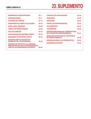 23. SUPLEMENTO
NÚMEROS DE IDENTIFICAÇÃO 25-1
ESPECIFICAÇÕES 25-2
VALORES DE TORQUE 25-11
PASSAGEM DE CABOS E DA FIAÇÃO 25-16
PÁRA-LAMA TRASEIRO 25-28
TABELA DE MANUTENÇÃO 25-30
VELA DE IGNIÇÃO 25-31
LOCALIZAÇÃO DO SISTEMA PGM-FI 25-32
DIAGRAMA DO SISTEMA PGM-FI 25-33
SISTEMA PGM-FI (INJEÇÃO DE
COMBUSTÍVEL PROGRAMADA) 25-34
CÓDIGOS DE DEFEITOS DA LÂMPADA
INDICADORA DE MAU-FUNCIONAMENTO
(LIM) DA AUTODIAGNOSE DO PGM-FI 25-36
CARCAÇA DO ACELERADOR 25-38
RADIADOR 25-39
SINALEIRA 25-43
PAINEL DE INSTRUMENTOS 25-43
VELOCÍMETRO 25-44
TACÔMETRO 25-46
SENSOR/INDICADOR DE TEMPERATURA
DO LÍQUIDO DE ARREFECIMENTO 25-47
INSPEÇÃO DO MOTOR DA VENTOINHA
DE ARREFECIMENTO 25-48
SENSOR DO NÍVEL DE COMBUSTÍVEL 25-50
DIAGRAMA ELÉTRICO 25-53
CBR1100XX(1)
 