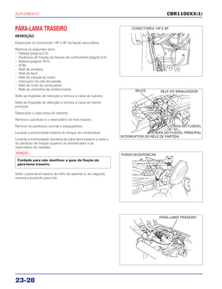 SUPLEMENTO
23-28
PÁRA-LAMA TRASEIRO
REMOÇÃO
Desacople os conectores 14P e 8P da fiação secundária.
Remova os seguintes itens:
– Rabeta (página 2-2)
– Parafusos de fixação do tanque de combustível (página 3-5)
– Bateria (página 16-5)
– ECM
– Relé da sinaleira
– Relé do farol
– Relé de parada do motor
– Interruptor do relé de partida
– Relé de corte de combustível
– Relé da ventoinha de arrefecimento
Solte as lingüetas de retenção e remova a caixa de fusíveis.
Solte as lingüetas de retenção e remova a caixa do fusível
principal.
Desacople o cabo-trava do assento.
Remova o parafuso e o reservatório do freio traseiro.
Remova os parafusos, porcas e espaçadores.
Levante a extremidade traseira do tanque de combustível.
Levante a extremidade dianteira do pára-lama traseiro e solte-o
do parafuso de fixação superior do amortecedor e do
reservatório do radiador.
a
Solte o pára-lama traseiro do trilho do assento e, em seguida,
remova-o puxando para trás.
Cuidado para não danificar a guia da fiação do
pára-lama traseiro.
CBR1100XX(1)
CONECTORES 14P E 8P
RELÉS RELÉ DO SINALIZADOR
CAIXA DO FUSÍVEL
CAIXA DO FUSÍVEL PRINCIPAL
INTERRUPTOR DO RELÉ DE PARTIDA
PARAFUSOS/PORCAS
PÁRA-LAMA TRASEIRO
 