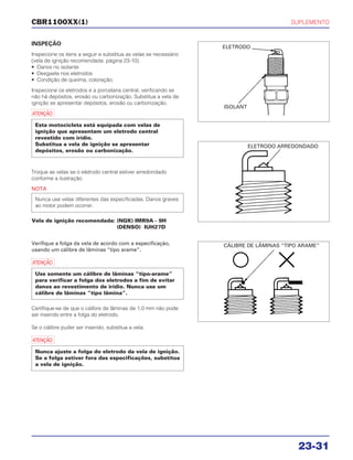 SUPLEMENTO
23-31
CBR1100XX(1)
INSPEÇÃO
Inspecione os itens a seguir e substitua as velas se necessário
(vela de ignição recomendada: página 23-10).
• Danos no isolante
• Desgaste nos eletrodos
• Condição de queima, coloração;
Inspecione os eletrodos e a porcelana central, verificando se
não há depósitos, erosão ou carbonização. Substitua a vela de
ignição se apresentar depósitos, erosão ou carbonização.
a
Troque as velas se o eletrodo central estiver arredondado
conforme a ilustração.
NOTA
Vela de ignição recomendada: (NGK) IMR9A - 9H
(DENSO) IUH27D
Nunca use velas diferentes das especificadas. Danos graves
ao motor podem ocorrer.
Esta motocicleta está equipada com velas de
ignição que apresentam um eletrodo central
revestido com irídio.
Substitua a vela de ignição se apresentar
depósitos, erosão ou carbonização.
Verifique a folga da vela de acordo com a especificação,
usando um cálibre de lâminas “tipo arame”.
a
Certifique-se de que o cálibre de lâminas de 1,0 mm não pode
ser inserido entre a folga do eletrodo.
Se o cálibre puder ser inserido, substitua a vela.
a
Nunca ajuste a folga do eletrodo da vela de ignição.
Se a folga estiver fora das especificações, substitua
a vela de ignição.
Use somente um cálibre de lâminas “tipo-arame”
para verificar a folga dos eletrodos a fim de evitar
danos ao revestimento de irídio. Nunca use um
cálibre de lâminas “tipo lâmina”.
ELETRODO
ISOLANT
ELETRODO ARREDONDADO
CÁLIBRE DE LÂMINAS “TIPO ARAME”
 