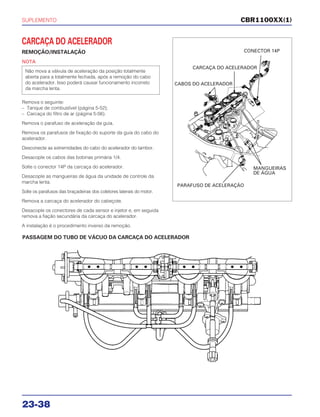 SUPLEMENTO
23-38
CARCAÇA DO ACELERADOR
REMOÇÃO/INSTALAÇÃO
NOTA
Remova o seguinte:
– Tanque de combustível (página 5-52);
– Carcaça do filtro de ar (página 5-56).
Remova o parafuso de aceleração da guia.
Remova os parafusos de fixação do suporte da guia do cabo do
acelerador.
Desconecte as extremidades do cabo do acelerador do tambor.
Desacople os cabos das bobinas primária 1/4.
Solte o conector 14P da carcaça do acelerador.
Desacople as mangueiras de água da unidade de controle da
marcha lenta.
Solte os parafusos das braçadeiras dos coletores laterais do motor.
Remova a carcaça do acelerador do cabeçote.
Desacople os conectores de cada sensor e injetor e, em seguida
remova a fiação secundária da carcaça do acelerador.
A instalação é o procedimento inverso da remoção.
Não mova a válvula de aceleração da posição totalmente
aberta para a totalmente fechada, após a remoção do cabo
do acelerador. Isso poderá causar funcionamento incorreto
da marcha lenta.
PASSAGEM DO TUBO DE VÁCUO DA CARCAÇA DO ACELERADOR
CBR1100XX(1)
CONECTOR 14P
CARCAÇA DO ACELERADOR
CABOS DO ACELERADOR
PARAFUSO DE ACELERAÇÃO
MANGUEIRAS
DE ÁGUA
 