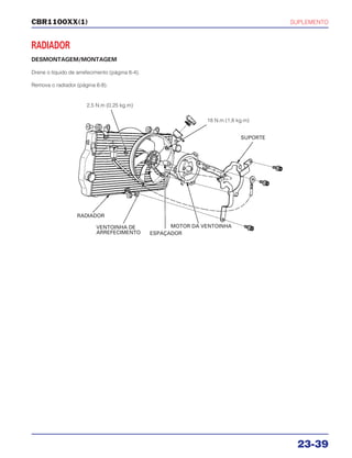 SUPLEMENTO
23-39
CBR1100XX(1)
RADIADOR
DESMONTAGEM/MONTAGEM
Drene o líquido de arrefecimento (página 6-4).
Remova o radiador (página 6-8).
2,5 N.m (0,25 kg.m)
18 N.m (1,8 kg.m)
SUPORTE
RADIADOR
VENTOINHA DE
ARREFECIMENTO ESPAÇADOR
MOTOR DA VENTOINHA
 