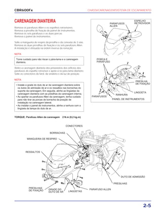 CHASSI/CARENAGEM/SISTEMA DE ESCAPAMENTO
2-5
CBR600Fx
CARENAGEM DIANTEIRA
Remova os parafusos Allen e os espelhos retrovisores.
Remova a presilha de fixação do painel de instrumentos.
Remova os seis parafusos e as duas porcas.
Remova o painel de instrumentos.
Solte a mangueira de respiro da presilha e da conexão de 3 vias.
Remova as duas presilhas de fixação e os seis parafusos Allen.
A instalação é efetuada na ordem inversa da remoção.
NOTA
Retire a carenagem dianteira dos prisioneiros dos orifícios dos
parafusos do espelho retrovisor e apóie-a no pára-lama dianteiro.
Solte os conectores do farol, da sinaleira e da luz de posição.
NOTA
TORQUE: Parafuso Allen da carenagem 2 N.m (0,2 kg.m)
• Instale a grade do duto de ar da carenagem dianteira sobre
os dutos de admissão de ar e os ressaltos nas borrachas do
suporte da carenagem. Em seguida, alinhe as lingüetas da
carenagem dianteira com as presilhas da carenagem interna.
• Ao apertar os parafusos Allen da carenagem, tenha cuidado
para não tirar as porcas de borracha da posição de
instalação na carenagem lateral.
• Ao instalar o painel de instrumentos, alinhe a ranhura com a
lingüeta da tampa do duto de ar.
Tome cuidado para não riscar o pára-lama e a carenagem
dianteira.
PARAFUSOS
ALLEN
ESPELHO
RETROVISOR
PORCA E
PARAFUSO
PRESILHA
DE FIXAÇÃO
LINGÜETA
RANHURA
PAINEL DE INSTRUMENTOS
PARAFUSOS
CONECTORES
BORRACHAS
MANGUEIRA DE RESPIRO
RESSALTOS
PRESILHAS
DE FIXAÇÃO GRADE DO
DUTO DE AR LINGÜETAS
PARAFUSO ALLEN
PRESILHAS
DUTO DE ADMISSÃO
 