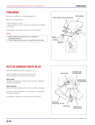 CHASSI/CARENAGEM/SISTEMA DE ESCAPAMENTO
2-6
PÁRA-BRISA
Remova os espelhos retrovisores (página 2-5).
Remova os seguintes itens:
• Dois parafusos e porcas
• Quatro parafusos com as arruelas de borracha e de plástico
• Pára-brisa
A instalação é efetuada na ordem inversa da remoção.
NOTA
• Alinhe a ranhura do pára-brisa com a lingüeta na
carenagem dianteira.
• Tenha cuidado para não riscar a superfície do pára-brisa.
DUTO DE ADMISSÃO DIRETA DE AR
Remova a tampa do duto de ar (página 2-3).
Remova o painel de instrumentos (página 2-5).
Solte o parafuso da cinta do tubo de conexão.
Duto direito
Remova a mangueira de respiro externo do duto, soltando a
presilha da mangueira.
Duto esquerdo
Remova a fiação do duto, removendo as presilhas da fiação.
Remova o duto de admissão de ar da grade e do suporte da
carenagem dianteira.
A instalação é efetuada na ordem inversa da remoção.
CBR600Fx
DOIS PARAFUSOS E PORCAS
PÁRA-BRISA
QUATRO
PARAFUSOS
ARRUELAS
DE PLÁSTICO
ARRUELAS DE
BORRACHA
PARAFUSO
SUPORTE DA
CARENAGEM
MANGUEIRA
DE RESPIRO
GRADE DO
DUTO DE AR
DUTO DE
ADMISSÃO DE AR
PRESILHA
 