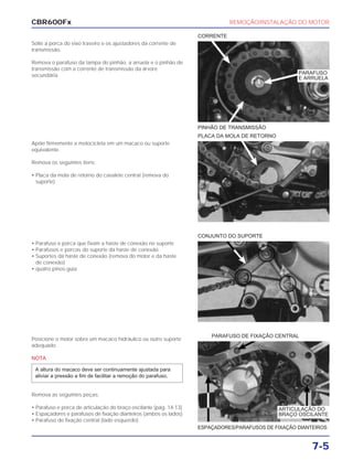 REMOÇÃO/INSTALAÇÃO DO MOTOR
7-5
Solte a porca do eixo traseiro e os ajustadores da corrente de
transmissão.
Remova o parafuso da tampa do pinhão, a arruela e o pinhão de
transmissão com a corrente de transmissão da árvore
secundária.
PINHÃO DE TRANSMISSÃO
CORRENTE
• Parafuso e porca que fixam a haste de conexão no suporte
• Parafusos e porcas do suporte da haste de conexão
• Suportes da haste de conexão (remova do motor e da haste
de conexão)
• quatro pinos-guia
CONJUNTO DO SUPORTE
Posicione o motor sobre um macaco hidráulico ou outro suporte
adequado.
NOTA
Remova as seguintes peças:
• Parafuso e porca de articulação do braço oscilante (pág. 14-13)
• Espaçadores e parafusos de fixação dianteiros (ambos os lados)
• Parafuso de fixação central (lado esquerdo).
A altura do macaco deve ser continuamente ajustada para
aliviar a pressão a fim de facilitar a remoção do parafuso.
ESPAÇADORES/PARAFUSOS DE FIXAÇÃO DIANTEIROS
PARAFUSO DE FIXAÇÃO CENTRAL
Apóie firmemente a motocicleta em um macaco ou suporte
equivalente.
Remova os seguintes itens:
• Placa da mola de retorno do cavalete central (remova do
suporte)
PLACA DA MOLA DE RETORNO
CBR600Fx
PARAFUSO
E ARRUELA
ARTICULAÇÃO DO
BRAÇO OSCILANTE
 
