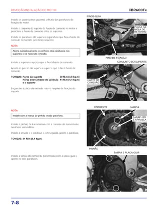 REMOÇÃO/INSTALAÇÃO DO MOTOR
7-8
Instale os quatro pinos-guia nos orifícios dos parafusos de
fixação do motor.
Instale o conjunto do suporte da haste de conexão no motor e
posicione a haste de conexão entre os suportes.
Instale os parafusos do suporte e o parafuso que fixa a haste de
conexão no suporte pelo lado esquerdo.
NOTA
Instale o suporte e a porca que o fixa à haste de conexão.
Aperte as porcas do suporte e a porca que o fixa à haste de
conexão.
TORQUE: Porca do suporte 39 N.m (3,9 kg.m)
Porca entre a haste de conexão 44 N.m (4,4 kg.m)
e o suporte
Enganche a placa da mola de retorno no pino de fixação do
suporte.
Alinhe cuidadosamente os orifícios dos parafusos nos
suportes e na haste de conexão.
PINO DE FIXAÇÃO
PINOS-GUIA
NOTA
Instale o pinhão de transmissão com a corrente de transmissão
na árvore secundária.
Instale a arruela e o parafuso e, em seguida, aperte o parafuso.
TORQUE: 54 N.m (5,4 kg.m)
Instale com a marca do pinhão virada para fora.
PINHÃO
CORRENTE MARCA
Instale a tampa do pinhão de transmissão com a placa-guia e
aperte os dois parafusos.
TAMPA E PLACA-GUIA
CONJUNTO DO SUPORTE
CBR600Fx
PLACA DA
MOLA DE
RETORNO
HASTE DE
CONEXÃO
PARAFUSO
E ARRUELA
 
