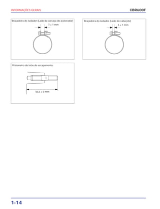 INFORMAÇÕES GERAIS
1-14
CBR600F
Braçadeira do isolador (Lado da carcaça do acelerador)
7 ± 1 mm
Braçadeira do isolador (Lado do cabeçote)
4 ± 1 mm
Prisioneiro do tubo de escapamento:
50,5 ± 5 mm
 
