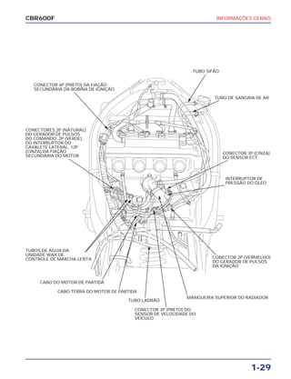 INFORMAÇÕES GERAIS
1-29
CBR600F
CONECTOR 6P (PRETO) DA FIAÇÃO
SECUNDÁRIA DA BOBINA DE IGNIÇÃO
CONECTORES 2P (NATURAL)
DO GERADOR DE PULSOS
DO COMANDO, 2P (VERDE)
DO INTERRUPTOR DO
CAVALETE LATERAL, 12P
(CINZA) DA FIAÇÃO
SECUNDÁRIA DO MOTOR
TUBOS DE ÁGUA DA
UNIDADE WAX DE
CONTROLE DE MARCHA LENTA
CABO DO MOTOR DE PARTIDA
CABO TERRA DO MOTOR DE PARTIDA
TUBO LADRÃO
CONECTOR 3P (PRETO) DO
SENSOR DE VELOCIDADE DO
VEÍCULO
MANGUEIRA SUPERIOR DO RADIADOR
TUBO SIFÃO
TUBO DE SANGRIA DE AR
CONECTOR 3P (CINZA)
DO SENSOR ECT
INTERRUPTOR DE
PRESSÃO DO ÓLEO
CONECTOR 2P (VERMELHO)
DO GERADOR DE PULSOS
DA IGNIÇÃO
 