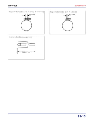 SUPLEMENTO
23-13
CBR600F
Braçadeira do isolador (Lado da carcaça do acelerador)
7 ± 1 mm
Braçadeira do isolador (Lado do cabeçote)
4 ± 1 mm
Prisioneiro do tubo de escapamento:
50,5 ± 5 mm
 