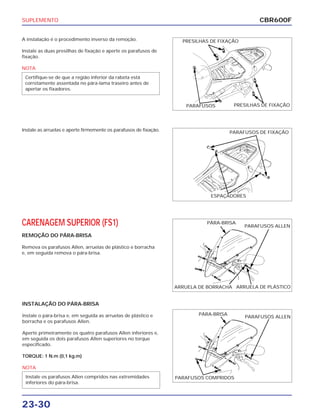 SUPLEMENTO
23-30
A instalação é o procedimento inverso da remoção.
Instale as duas presilhas de fixação e aperte os parafusos de
fixação.
NOTA
Certifique-se de que a região inferior da rabeta está
corretamente assentada no pára-lama traseiro antes de
apertar os fixadores.
CARENAGEM SUPERIOR (FS1)
REMOÇÃO DO PÁRA-BRISA
Remova os parafusos Allen, arruelas de plástico e borracha
e, em seguida remova o pára-brisa.
INSTALAÇÃO DO PÁRA-BRISA
Instale o pára-brisa e, em seguida as arruelas de plástico e
borracha e os parafusos Allen.
Aperte primeiramente os quatro parafusos Allen inferiores e,
em seguida os dois parafusos Allen superiores no torque
especificado.
TORQUE: 1 N.m (0,1 kg.m)
NOTA
Instale os parafusos Allen compridos nas extremidades
inferiores do pára-brisa.
Instale as arruelas e aperte firmemente os parafusos de fixação.
CBR600F
PRESILHAS DE FIXAÇÃO
PARAFUSOS PRESILHAS DE FIXAÇÃO
PARAFUSOS DE FIXAÇÃO
ESPAÇADORES
PÁRA-BRISA
PARAFUSOS ALLEN
ARRUELA DE BORRACHA ARRUELA DE PLÁSTICO
PÁRA-BRISA
PARAFUSOS ALLEN
PARAFUSOS COMPRIDOS
 