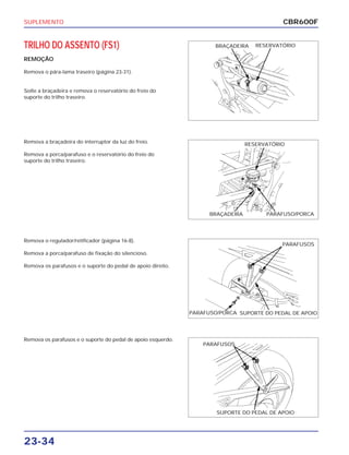 SUPLEMENTO
23-34
TRILHO DO ASSENTO (FS1)
REMOÇÃO
Remova o pára-lama traseiro (página 23-31).
Solte a braçadeira e remova o reservatório do freio do
suporte do trilho traseiro.
Remova o regulador/retificador (página 16-8).
Remova a porca/parafuso de fixação do silencioso.
Remova os parafusos e o suporte do pedal de apoio direito.
Remova os parafusos e o suporte do pedal de apoio esquerdo.
Remova a braçadeira do interruptor da luz do freio.
Remova a porca/parafuso e o reservatório do freio do
suporte do trilho traseiro.
CBR600F
BRAÇADEIRA RESERVATÓRIO
RESERVATÓRIO
BRAÇADEIRA PARAFUSO/PORCA
PARAFUSOS
PARAFUSO/PORCA SUPORTE DO PEDAL DE APOIO
PARAFUSOS
SUPORTE DO PEDAL DE APOIO
 