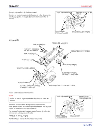 SUPLEMENTO
23-35
CBR600F
Remova a braçadeira da fiação principal.
Remova as porcas/parafusos de fixação do trilho do assento,
arruela/espaçador de fixação do reservatório e o trilho do
assento.
Instale o trilho do assento no chassi.
NOTA
Posicione o reservatório do líquido de arrefecimento,
espaçador e arruela no fixador direito superior e, em seguida
instale os parafusos e porcas de fixação.
Fixe os parafusos e aperte as porcas de fixação do trilho do
assento com o torque especificado.
TORQUE: 49 N.m (4,9 kg.m)
Prenda a fiação principal utilizando a braçadeira.
Instale as porcas cegas no fixador esquerdo do trilho do
assento.
INSTALAÇÃO
ESPAÇADOR/ARRUELA
PARAFUSOS/
PORCAS FLANGE
PARAFUSOS/PORCAS
CEGAS
BRAÇADEIRA DA FIAÇÃO
26 N.m (2,6 kg.m)
SUPORTE DO PEDAL
DE APOIO DIREITO
12 N.m (1,2 kg.m)
49 N.m (4,9 kg.m)
RESERVATÓRIO DO FREIO
49 N.m (4,9 kg.m)
TRILHO DO ASSENTO
REGULADOR/RETIFICADOR
26 N.m (2,6 kg.m)
SUPORTE DO PEDAL
DE APOIO ESQUERDO
RESERVATÓRIO DO LÍQUIDO
DE ARREFECIMENTO
RESERVATÓRIO DO AMORTECEDOR
ESPAÇADOR/ARRUELA PARAFUSOS/
PORCAS FLANGE
PARAFUSOS/
PORCAS CEGAS
BRAÇADEIRA
 
