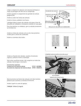 SUPLEMENTO
23-43
CBR600F
Limpe o conjunto do cabeçote com solvente de limpeza e
seque as passagens de óleo com ar comprimido.
Instale o protetor no alojamento do ajustador da válvula
(página 8-20).
Instale as sedes das molas das válvulas.
Instale os novos vedadores nas hastes.
Lubrifique todas as hastes das válvulas com graxa a base de
bissulfeto de molibdênio e introduza as válvulas em suas guias.
Para não danificar os vedadores, gire as válvulas lentamente
ao introduzi-las.
Instale as chavetas das válvulas, usando a ferramenta
especial, conforme mostra a ilustração.
Para evitar a perda de tensão, não comprima as molas das
válvulas mais do que o necessário.
Ferramentas especiais:
Compressor da mola da válvula 07757 - 0010000
Acessório do compressor da mola da válvula 07959 - KM30101
Bata levemente nas hastes das válvulas com dois martelos
plásticos para assentar as chavetas firmemente.
Instale e aperte as velas de ignição.
TORQUE: 12 N.m (1,2 kg.m)
Instale as molas das válvulas com os elos mais próximos
virados para a câmara de combustão.
Instale os retentores das molas.
ACESSÓRIO
COMPRESSOR DA MOLA DA VÁLVULA
MARTELOS PLÁSTICOS
VEDADOR DA HASTE VÁLVULA
ASSENTO DA MOLA
RETENTOR
MOLA DE VÁLVULA
DE ESCAPAMENTO
MOLAS DE VÁLVULA DE ADMISSÃO
ÓleoMo
 
