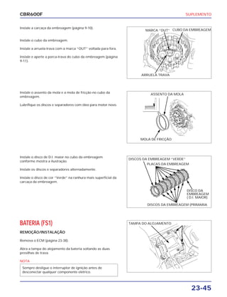 SUPLEMENTO
23-45
CBR600F
Instale a carcaça da embreagem (página 9-10).
Instale o cubo da embreagem.
Instale a arruela-trava com a marca “OUT” voltada para fora.
Instale e aperte a porca-trava do cubo da embreagem (página
9-11).
Instale o disco de D.I. maior no cubo da embreagem
conforme mostra a ilustração.
Instale os discos e separadores alternadamente.
Instale o disco de cor “Verde” na ranhura mais superficial da
carcaça da embreagem.
BATERIA (FS1)
REMOÇÃO/INSTALAÇÃO
Remova o ECM (página 23-38).
Abra a tampa do alojamento da bateria soltando as duas
presilhas de trava.
NOTA
Sempre desligue o interruptor de ignição antes de
desconectar qualquer componente elétrico.
Instale o assento da mola e a mola de fricção no cubo da
embreagem.
Lubrifique os discos e separadores com óleo para motor novo.
MARCA “OUT” CUBO DA EMBREAGEM
ARRUELA TRAVA
ASSENTO DA MOLA
MOLA DE FRICÇÃO
DISCOS DA EMBREAGEM “VERDE”
PLACAS DA EMBREAGEM
DISCO DA
EMBREAGEM
( D.I. MAIOR)
DISCOS DA EMBREAGEM (PRIMARIA
TAMPA DO ALOJAMENTO
 