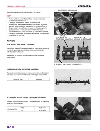 CABEÇOTE/VÁLVULAS
8-10
Remova os ajustadores das válvulas e os calços.
NOTA
• Tenha cuidado para não danificar o alojamento dos
ajustadores das válvulas.
• Os calços podem ficar presos no interior dos
ajustadores. Não deixe que caiam na carcaça do motor.
• Marque todos os calços e ajustadores para certificar-se
de que sejam reinstalados em suas posições originais.
• Os ajustadores podem ser facilmente removidos,
utilizando-se uma fresa para sede da válvula ou um imã.
• Os calços podem ser facilmente removidos, utilizando-se
uma pinça ou um imã. CALÇO
AJUSTADOR DA VÁLVULA
EMPENAMENTO DA ÁRVORE DE COMANDO
Apoie as extremidades da árvore de comando em blocos em
V e meça seu empenamento com um relógio comparador.
Limite de Uso 0,05 mm
ALTURA DOS RESSALTOS DA ÁRVORE DE COMANDO
Usando um micrômetro, meça a altura de todos os ressaltos
da árvore de comando.
Limite de Uso
ADM 36,45 mm
ESC 36,50 mm
INSPEÇÃO
SUPORTE DA ÁRVORE DE COMANDO
Inspecione a superfície dos mancais do suporte da árvore de
comando quanto a escoriações, riscos ou indícios de
lubrificação insuficiente.
Inspecione os orifícios de óleo dos suportes quanto a
obstruções.
SUPORTE A DA ÁRVORE DE COMANDO
SUPORTE B DA SUPORTE C DA
ÁRVORE DE COMANDO ÁRVORE DE COMANDO
CBR900RRY
 