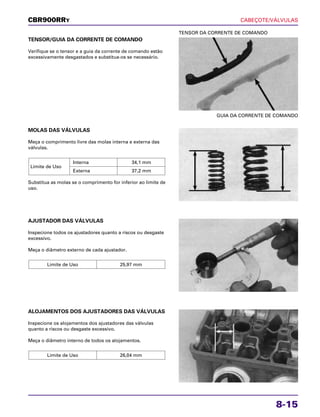 CABEÇOTE/VÁLVULAS
8-15
TENSOR/GUIA DA CORRENTE DE COMANDO
Verifique se o tensor e a guia da corrente de comando estão
excessivamente desgastados e substitua-os se necessário.
GUIA DA CORRENTE DE COMANDO
TENSOR DA CORRENTE DE COMANDO
AJUSTADOR DAS VÁLVULAS
Inspecione todos os ajustadores quanto a riscos ou desgaste
excessivo.
Meça o diâmetro externo de cada ajustador.
Limite de Uso 25,97 mm
ALOJAMENTOS DOS AJUSTADORES DAS VÁLVULAS
Inspecione os alojamentos dos ajustadores das válvulas
quanto a riscos ou desgaste excessivo.
Meça o diâmetro interno de todos os alojamentos.
Limite de Uso 26,04 mm
MOLAS DAS VÁLVULAS
Meça o comprimento livre das molas interna e externa das
válvulas.
Substitua as molas se o comprimento for inferior ao limite de
uso.
Limite de Uso
Interna 34,1 mm
Externa 37,2 mm
CBR900RRY
 