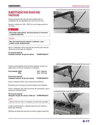 CABEÇOTE/VÁLVULAS
8-17
SUBSTITUIÇÃO DAS GUIAS DAS
VÁLVULAS
Coloque as guias das válvulas para substituição no
congelador de uma geladeira por cerca de uma hora.
Aqueça o cabeçote a 100 – 150°C em uma chapa quente ou
um forno.
c
a
Apoie o cabeçote e retire as guias das válvulas pelo lado da
câmara de combustão do cabeçote.
Ferramenta especial:
Instalador/extrator da guia da válvula 07HMD-ML00101
Não use maçaricos para aquecer o cabeçote, o que
poderia causar empenamento.
Para evitar queimaduras, use luvas grossas ao manusear
o cabeçote aquecido.
INSTALADOR/EXTRATOR DA GUIA DA VÁLVULA
Ajuste a profundidade da ferramenta especial, usando um
paquímetro conforme mostrado na ilustração.
Profundidade: ADM 14,3 – 14,6 mm
ESC 12,4 – 12,7 mm
Ferramenta especial:
Instalador/extrator da guia da válvula 07HMD-ML00101
Deixe o cabeçote esfriar até a temperatura ambiente.
Recondicione a nova guia da válvula depois da instalação.
Insira o alargador pelo lado da câmara de combustão e gire-o
sempre no sentido horário.
Ferramenta especial:
Alargador da guia da válvula, 4,508 mm 07HMH-ML00101
NOTA
Limpe completamente o cabeçote para remover todas as
partículas metálicas.
Retifique as sedes das válvulas (consulte a página seguinte).
Aplique óleo de corte no alargador durante esta operação.
INSTALADOR/EXTRATOR DA GUIA DA VÁLVULA
ALARGADOR DA GUIA DA VÁLVULA
CBR900RRY
 