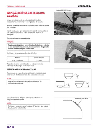 CABEÇOTE/VÁLVULAS
8-18
INSPEÇÃO/RETÍFICA DAS SEDES DAS
VÁLVULAS
Limpe completamente as válvulas de admissão e
escapamento para remover os depósitos de carvão.
Aplique uma leve camada de Azul da Prússia sobre as sedes
das válvulas.
Instale a válvula e gire-a de encontro a sede com auxílio de
um cabo de ventosa ou outra ferramenta manual de
fresagem.
Remova e inspecione as válvulas.
a
Verifique a largura das sedes das válvulas.
As sedes deverão ser retificadas se estiverem muito
estreitas, muito largas ou muito baixas.
Padrão Limite de Uso
0,90 – 1,10 mm 1,5 mm
As válvulas não podem ser retificadas. Substitua a válvula
se sua face estiver queimada, excessivamente desgastada
ou com contato irregular com a sede.
CABO DE VENTOSA
RETÍFICA DAS SEDES DA VÁLVULAS
Recomenda-se o uso de uma retificadora mecânica para
obter-se um desbaste correto das sedes das válvulas.
NOTA
Siga as instruções de operação do fabricante da
retificadora mecânica.
Use uma fresa de 45° para remover as rebarbas ou
irregularidade das sedes.
NOTA
Retifique a sede com uma fresa de 45° sempre que a guia
da válvula for substituída.
CBR900RRY
IRREGULARIDADE
 