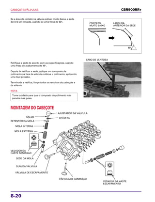 CABEÇOTE/VÁLVULAS
8-20
Se a área de contato na válvula estiver muito baixa, a sede
deverá ser elevada, usando-se uma fresa de 60°.
MONTAGEM DO CABEÇOTE
Retifique a sede de acordo com as especificações, usando
uma fresa de acabamento de 45°.
Depois de retificar a sede, aplique um composto de
polimento na face da válvula e efetue o polimento, aplicando
uma leve pressão.
Terminada a retífica, limpe todos os resíduos do cabeçote e
da válvula.
NOTA
Tome cuidado para que o composto de polimento não
penetre nas guias.
CABO DE VENTOSA
CBR900RRY
CONTATO
MUITO BAIXO
LARGURA
ANTERIOR DA SEDE
AJUSTADOR DA VÁLVULA
CHAVETACALÇO
RETENTOR DA MOLA
MOLA INTERNA
MOLA EXTERNA
VEDADOR DA
HASTE ADMISSÃO
SEDE DA MOLA
GUIA DA VÁLVULA
VÁLVULA DE ESCAPAMENTO
VÁLVULA DE ADMISSÃO
VEDADOR DA HASTE
ESCAPAMENTO
 