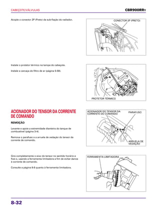 CABEÇOTE/VÁLVULAS
8-32
Acople o conector 2P (Preto) da sub-fiação do radiador.
ACIONADOR DO TENSOR DA CORRENTE
DE COMANDO
REMOÇÃO
Levante e apoie a extremidade dianteira do tanque de
combustível (página 3-4).
Remova o parafuso e a arruela de vedação do tensor da
corrente de comando.
Gire completamente o eixo do tensor no sentido horário e
fixe-o, usando a ferramenta limitadora a fim de evitar danos
à corrente de comando.
Consulte a página 8-8 quanto à ferramenta limitadora.
Instale o protetor térmico na tampa do cabeçote.
Instale a carcaça do filtro de ar (página 5-59).
CBR900RRY
CONECTOR 2P (PRETO)
PROTETOR TÉRMICO
ACIONADOR DO TENSOR DA
CORRENTE DO COMANDO
PARAFUSO
ARRUELA DE
VEDAÇÃO
FERRAMENTA LIMITADORA
 