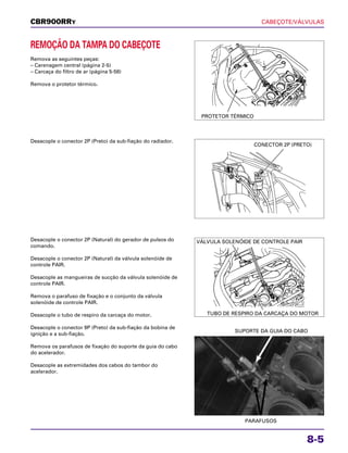 CABEÇOTE/VÁLVULAS
8-5
REMOÇÃO DA TAMPA DO CABEÇOTE
Remova as seguintes peças:
– Carenagem central (página 2-5)
– Carcaça do filtro de ar (página 5-58)
Remova o protetor térmico.
Desacople o conector 2P (Natural) do gerador de pulsos do
comando.
Desacople o conector 2P (Natural) da válvula solenóide de
controle PAIR.
Desacople as mangueiras de sucção da válvula solenóide de
controle PAIR.
Remova o parafuso de fixação e o conjunto da válvula
solenóide de controle PAIR.
Desacople o tubo de respiro da carcaça do motor.
Desacople o conector 9P (Preto) da sub-fiação da bobina de
ignição e a sub-fiação.
Remova os parafusos de fixação do suporte da guia do cabo
do acelerador.
Desacople as extremidades dos cabos do tambor do
acelerador.
PARAFUSOS
SUPORTE DA GUIA DO CABO
Desacople o conector 2P (Preto) da sub-fiação do radiador.
CBR900RRY
PROTETOR TÉRMICO
CONECTOR 2P (PRETO)
VÁLVULA SOLENÓIDE DE CONTROLE PAIR
TUBO DE RESPIRO DA CARCAÇA DO MOTOR
 