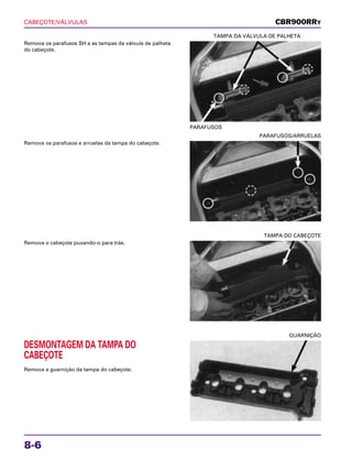 CABEÇOTE/VÁLVULAS
8-6
Remova os parafusos SH a as tampas da válvula de palheta
do cabeçote.
PARAFUSOS
TAMPA DA VÁLVULA DE PALHETA
Remova o cabeçote puxando-o para trás.
TAMPA DO CABEÇOTE
DESMONTAGEM DA TAMPA DO
CABEÇOTE
Remova a guarnição da tampa do cabeçote.
GUARNIÇÃO
Remova os parafusos e arruelas da tampa do cabeçote.
PARAFUSOS/ARRUELAS
CBR900RRY
 