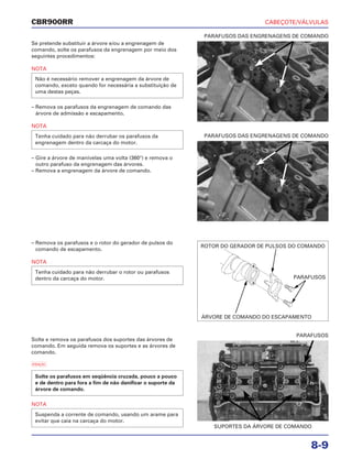 CABEÇOTE/VÁLVULAS
8-9
CBR900RR
Se pretende substituir a árvore e/ou a engrenagem de
comando, solte os parafusos da engrenagem por meio dos
seguintes procedimentos:
NOTA
– Remova os parafusos da engrenagem de comando das
árvore de admissão e escapamento.
NOTA
– Gire a árvore de manivelas uma volta (360°) e remova o
outro parafuso da engrenagem das árvores.
– Remova a engrenagem da árvore de comando.
Tenha cuidado para não derrubar os parafusos da
engrenagem dentro da carcaça do motor.
Não é necessário remover a engrenagem da árvore de
comando, exceto quando for necessária a substituição de
uma destas peças.
– Remova os parafusos e o rotor do gerador de pulsos do
comando de escapamento.
NOTA
Tenha cuidado para não derrubar o rotor ou parafusos
dentro da carcaça do motor.
Solte e remova os parafusos dos suportes das árvores de
comando. Em seguida remova os suportes e as árvores de
comando.
a
NOTA
Suspenda a corrente de comando, usando um arame para
evitar que caia na carcaça do motor.
Solte os parafusos em seqüência cruzada, pouco a pouco
e de dentro para fora a fim de não danificar o suporte da
árvore de comando.
PARAFUSOS DAS ENGRENAGENS DE COMANDO
SUPORTES DA ÁRVORE DE COMANDO
PARAFUSOS
PARAFUSOS DAS ENGRENAGENS DE COMANDO
ROTOR DO GERADOR DE PULSOS DO COMANDO
ÁRVORE DE COMANDO DO ESCAPAMENTO
PARAFUSOS
 