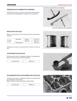 CABEÇOTE/VÁLVULAS
8-15
CBR900RR
TENSOR/GUIA DA CORRENTE DE COMANDO
Verifique se o tensor e a guia da corrente de comando estão
excessivamente desgastados e substitua-os se necessário.
AJUSTADOR DAS VÁLVULAS
Verifique se há riscos ou desgaste excessivo nos ajustadores.
Meça o diâmetro externo de cada ajustador.
Limite de Uso 25,97 mm
ALOJAMENTOS DOS AJUSTADORES DAS VÁLVULAS
Verifique se há riscos ou desgaste excessivo nos alojamentos
dos ajustadores das válvulas.
Meça o diâmetro interno de todos os alojamentos.
Limite de Uso 26,04 mm
MOLAS DAS VÁLVULAS
Meça o comprimento livre das molas internas e externas das
válvulas.
Substitua as molas se o comprimento for inferior ao limite de
uso.
Limites
Admissão Interna 33,1 mm
de Uso
Externa: 36,1 mm
Escapamento 37,6 mm
GUIA DA CORRENTE DE COMANDO
TENSOR DA CORRENTE DE COMANDO
 