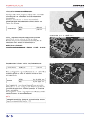 CABEÇOTE/VÁLVULAS
8-16
VÁLVULAS/GUIAS DAS VÁLVULAS
Verifique cada válvula, inspecionando se estão empenadas
ou queimadas e se suas hastes estão excessivamente
desgastadas.
Verifique se as válvulas se movem livremente nas
respectivas guias. Meça e anote o diâmetro externo das
hastes das válvulas.
Limite de Uso
ADM: 4,465 mm
ESC: 4,455 mm
Meça a anote o diâmetro interno das guias da válvulas.
Calcule a folga entre a guia e a haste da válvula, subtraindo o
diâmetro externo da haste do diâmetro interno da guia
correspondente.
Se a folga estiver incorreta, verifique se ficaria dentro dos
limites de uso se uma nova guia com dimensões padrão for
utilizada. Se isto ocorrer, substitua e retifique as guias que
forem necessárias.
Se a folga entre a haste e a guia permanecer fora dos limites
de uso, substitua as válvulas e as guias.
NOTA
As sedes das válvulas devem ser recondicionadas sempre
que forem substituídas (página 8-17).
Padrões
ADM: 0,010 - 0,037 mm
ESC: 0,020 - 0,047 mm
Limite de Uso ADM/ESC 4,540 mm
Utilize o alargador das guias para remover possíveis
depósitos de carvão antes de verificar as folgas.
Insira o alargador no lado da câmara de combustão do
cabeçote e gire-o sempre no sentido horário.
FERRAMENTA ESPECIAL:
Alargador da guia da válvula, 4,508 mm: 07HMH – ML00101
ALARGADOR DA GUIA DA VÁLVULA
CBR900RR
 
