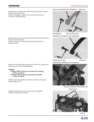 CABEÇOTE/VÁLVULAS
8-23
CBR900RR
Aplique trava química nas roscas do parafuso Allen da guia
da corrente do comando.
Instale o espaçador, a guia da corrente de comando, a
arruela e o parafuso Allen.
Aperte os parafusos Allen da guia e do tensor da corrente do
comando com o torque especificado.
TORQUE:
Parafuso Allen do tensor da corrente do comando
10 N.m (1,0 kg.m)
Parafuso Allen da guia da corrente do comando
12 N.m (1,2 kg.m)
Instale o rotor do gerador de pulsos e a tampa da carcaça
direita (página 17-7).
Instale os pinos-guia e uma nova junta no cabeçote,
conforme mostra a ilustração.
Aplique trava química nas roscas do parafuso Allen do tensor
da corrente do comando.
Instale a arruela, o tensor da corrente de comando e o
parafuso Allen.
ESPAÇADOR PARAFUSO ALLEN
GUIA DA CORRENTE DO COMANDO ARRUELA
GUIA DA CORRENTE DO COMANDO
TENSOR DA CORRENTE DO COMANDO
JUNTA
PINOS-GUIA
PARAFUSO ALLEN ARRUELA
TENSOR DA CORRENTE DO COMANDO
TRAVA
TRAVA
NOVA
 