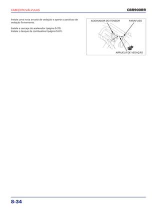 CABEÇOTE/VÁLVULAS
8-34
Instale uma nova arruela de vedação e aperte o parafuso de
vedação firmemente.
Instale a carcaça do acelerador (página 5-70).
Instale o tanque de combustível (página 5-61).
CBR900RR
ACIONADOR DO TENSOR
ARRUELA DE VEDAÇÃO
PARAFUSO
NOVA
 