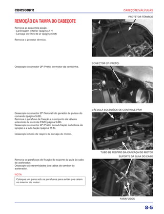 CABEÇOTE/VÁLVULAS
8-5
CBR900RR
REMOÇÃO DA TAMPA DO CABEÇOTE
Remova as seguintes peças:
- Carenagem inferior (página 2-7)
- Carcaça do filtro de ar (página 5-64)
Remova o protetor térmico.
Desacople o conector 2P (Natural) do gerador de pulsos do
comando (página 5-82).
Remova o parafuso de fixação e o conjunto da válvula
solenóide de controle PAIR (página 5-88).
Desacople o conector 4P (Preto) da sub-fiação da bobina de
ignição e a sub-fiação (página 17-5).
Desacople o tubo de respiro da carcaça do motor.
Remova os parafusos de fixação do suporte da guia do cabo
do acelerador.
Desacople as extremidades dos cabos do tambor do
acelerador.
NOTA
Coloque um pano sob os parafusos para evitar que caiam
no interior do motor.
Desacople o conector 2P (Preto) do motor da ventoinha.
PROTETOR TÉRMICO
TUBO DE RESPIRO DA CARCAÇA DO MOTOR
VÁLVULA SOLENÓIDE DE CONTROLE PAIR
PARAFUSOS
SUPORTE DA GUIA DO CABO
CONECTOR 2P (PRETO)
 