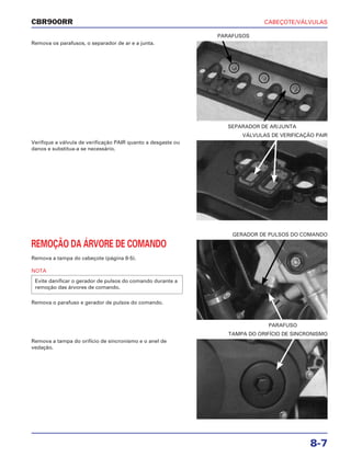 CABEÇOTE/VÁLVULAS
8-7
CBR900RR
Remova os parafusos, o separador de ar e a junta.
REMOÇÃO DA ÁRVORE DE COMANDO
Remova a tampa do cabeçote (página 8-5).
NOTA
Remova o parafuso e gerador de pulsos do comando.
Evite danificar o gerador de pulsos do comando durante a
remoção das árvores de comando.
Remova a tampa do orifício de sincronismo e o anel de
vedação.
Verifique a válvula de verificação PAIR quanto a desgaste ou
danos e substitua-a se necessário.
SEPARADOR DE AR/JUNTA
PARAFUSOS
PARAFUSO
GERADOR DE PULSOS DO COMANDO
TAMPA DO ORIFÍCIO DE SINCRONISMO
VÁLVULAS DE VERIFICAÇÃO PAIR
 