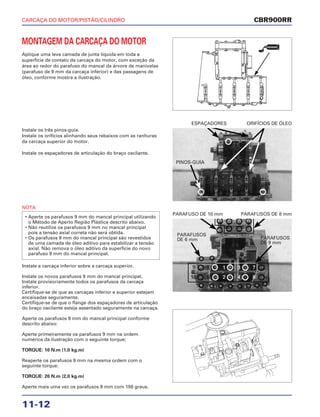 CARCAÇA DO MOTOR/PISTÃO/CILINDRO
11-12
MONTAGEM DA CARCAÇA DO MOTOR
Aplique uma leve camada de junta líquida em toda a
superfície de contato da carcaça do motor, com exceção da
área ao redor do parafuso do mancal da árvore de manivelas
(parafuso de 9 mm da carcaça inferior) e das passagens de
óleo, conforme mostra a ilustração.
NOTA
Instale a carcaça inferior sobre a carcaça superior.
Instale os novos parafusos 9 mm do mancal principal.
Instale provisoriamente todos os parafusos da carcaça
inferior.
Certifique-se de que as carcaças inferior e superior estejam
encaixadas seguramente.
Certifique-se de que o flange dos espaçadores de articulação
do braço oscilante esteja assentado seguramente na carcaça.
Aperte os parafusos 9 mm do mancal principal conforme
descrito abaixo:
Aperte primeiramente os parafusos 9 mm na ordem
numérica da ilustração com o seguinte torque:
TORQUE: 10 N.m (1,0 kg.m)
Reaperte os parafusos 9 mm na mesma ordem com o
seguinte torque:
TORQUE: 20 N.m (2,0 kg.m)
Aperte mais uma vez os parafusos 9 mm com 150 graus.
• Aperte os parafusos 9 mm do mancal principal utilizando
o Método de Aperto Região Plástica descrito abaixo.
• Não reutilize os parafusos 9 mm no mancal principal
pois a tensão axial correta não será obtida.
• Os parafusos 9 mm do mancal principal são revestidos
de uma camada de óleo aditivo para estabilizar a tensão
axial. Não remova o óleo aditivo da superfície do novo
parafuso 9 mm do mancal principal.
PARAFUSO DE 10 mm PARAFUSOS DE 8 mm
Instale os três pinos-guia.
Instale os orifícios alinhando seus rebaixos com as ranhuras
da carcaça superior do motor.
Instale os espaçadores de articulação do braço oscilante.
ESPAÇADORES ORIFÍCIOS DE ÓLEO
CBR900RR
VEDADOR
PINOS-GUIA
PARAFUSOS
DE 6 mm PARAFUSOS
DE 9 mm
 