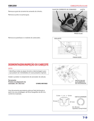 CABEÇOTE/VÁLVULAS
7-9
CBX250
Remova a guia da corrente de comando do cilindro.
Remova a junta e os pinos-guia.
DESMONTAGEM/INSPEÇÃO DO CABEÇOTE
NOTA
Instale o protetor no alojamento do acionador da válvula.
Ferramenta:
Protetor do alojamento do
acionador, 24 x 25,5 mm 07HMG-MR70002
Identifique todas as peças durante a desmontagem para
que possam ser reinstaladas em suas posições originais.
Uma ferramenta equivalente pode ser feita facilmente a
partir de uma embalagem de filme fotográfico de 35 mm,
conforme mostrado.
Remova os parafusos e o isolante do carburador.
PINOS-GUIA
GUIA DA CORRENTE DE COMANDO JUNTA
ISOLANTE
PARAFUSOS
VISTA SUPERIOR
D.I. 25 mm
(quando comprimido)
PROTETOR DO
ALOJAMENTO
DO ACIONADOR
5 mm 5 mm
15 mm
31 mm
 