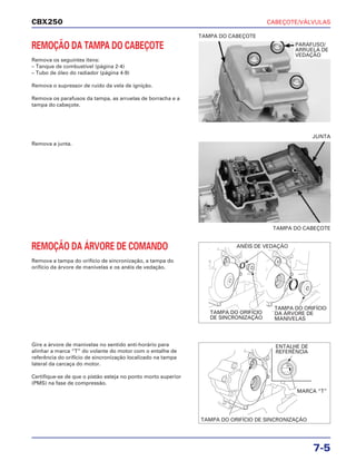 CABEÇOTE/VÁLVULAS
7-5
CBX250
REMOÇÃO DA TAMPA DO CABEÇOTE
Remova os seguintes itens:
– Tanque de combustível (página 2-4)
– Tubo de óleo do radiador (página 4-9)
Remova o supressor de ruído da vela de ignição.
Remova os parafusos da tampa, as arruelas de borracha e a
tampa do cabeçote.
REMOÇÃO DA ÁRVORE DE COMANDO
Remova a tampa do orifício de sincronização, a tampa do
orifício da árvore de manivelas e os anéis de vedação.
Gire a árvore de manivelas no sentido anti-horário para
alinhar a marca “T” do volante do motor com o entalhe de
referência do orifício de sincronização localizado na tampa
lateral da carcaça do motor.
Certifique-se de que o pistão esteja no ponto morto superior
(PMS) na fase de compressão.
Remova a junta.
TAMPA DO CABEÇOTE
TAMPA DO CABEÇOTE
JUNTA
PARAFUSO/
ARRUELA DE
VEDAÇÃO
ANÉIS DE VEDAÇÃO
TAMPA DO ORIFÍCIO
DE SINCRONIZAÇÃO
TAMPA DO ORIFÍCIO
DA ÁRVORE DE
MANIVELAS
ENTALHE DE
REFERÊNCIA
MARCA “T”
TAMPA DO ORIFÍCIO DE SINCRONIZAÇÃO
 