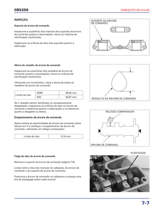 CABEÇOTE/VÁLVULAS
7-7
CBX250
INSPEÇÃO
Suporte da árvore de comando
Inspecione a superfície dos mancais dos suportes da árvore
de comando quanto a escoriações, riscos ou indícios de
lubrificação insuficiente.
Inspecione os orifícios de óleo dos suportes quanto a
obstrução.
Folga de óleo da árvore de comando
Remova o suporte da árvore de comando (página 7-6).
Limpe todo o óleo dos mancais do cabeçote, da árvore de
comando e do suporte da árvore de comando.
Posicione a árvore de comando no cabeçote e coloque uma
tira de plastigage sobre cada mancal.
Altura do ressalto da árvore de comando
Inspecione as superfícies dos ressaltos da árvore de
comando quanto a escoriações, riscos ou indícios de
lubrificação insuficiente.
Utilizando um micrômetro, meça a altura de todos os
ressaltos da árvore de comando.
Se o ressalto estiver danificado ou excessivamente
desgastado, inspecione os orifícios de óleo na árvore de
comando e balancins quanto a obstruções, e os balancins
quanto a desgaste ou danos.
Empenamento da árvore de comando
Apóie ambas as extremidades da árvore de comando sobre
blocos em V e verifique o empenamento da árvore de
comando, utilizando um relógio comparador.
Limite de Uso 0,10 mm
Limite de Uso
ADM 36,94 mm
ESC 36,97 mm
PLASTIGAGE
SUPORTE DA ÁRVORE
DE COMANDO
RESSALTO DA ÁRVORE DE COMANDO
RELÓGIO COMPARADOR
ÁRVORE DE COMANDO
 