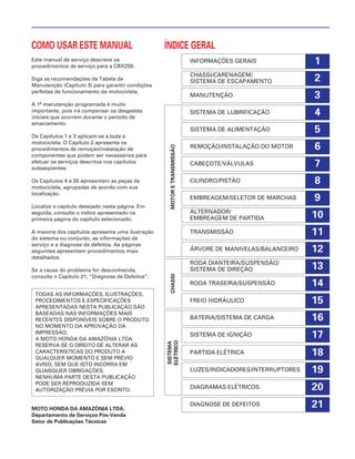 15
1
2
3
4
5
6
7
8
9
10
11
12
13
14
16
17
18
19
20
21
COMO USAR ESTE MANUAL
Este manual de serviço descreve os
procedimentos de serviço para a CBX250.
Siga as recomendações da Tabela de
Manutenção (Capítulo 3) para garantir condições
perfeitas de funcionamento da motocicleta.
A 1ª manutenção programada é muito
importante, pois irá compensar os desgastes
iniciais que ocorrem durante o período de
amaciamento.
Os Capítulos 1 e 3 aplicam-se a toda a
motocicleta. O Capítulo 2 apresenta os
procedimentos de remoção/instalação de
componentes que podem ser necessários para
efetuar os serviços descritos nos capítulos
subseqüentes.
Os Capítulos 4 a 20 apresentam as peças da
motocicleta, agrupadas de acordo com sua
localização.
Localize o capítulo desejado nesta página. Em
seguida, consulte o índice apresentado na
primeira página do capítulo selecionado.
A maioria dos capítulos apresenta uma ilustração
do sistema ou conjunto, as informações de
serviço e a diagnose de defeitos. As páginas
seguintes apresentam procedimentos mais
detalhados.
Se a causa do problema for desconhecida,
consulte o Capítulo 21, “Diagnose de Defeitos”.
MOTO HONDA DA AMAZÔNIA LTDA.
Departamento de Serviços Pós-Venda
Setor de Publicações Técnicas
TODAS AS INFORMAÇÕES, ILUSTRAÇÕES,
PROCEDIMENTOS E ESPECIFICAÇÕES
APRESENTADAS NESTA PUBLICAÇÃO SÃO
BASEADAS NAS INFORMAÇÕES MAIS
RECENTES DISPONÍVEIS SOBRE O PRODUTO
NO MOMENTO DA APROVAÇÃO DA
IMPRESSÃO.
A MOTO HONDA DA AMAZÔNIA LTDA
RESERVA-SE O DIREITO DE ALTERAR AS
CARACTERÍSTICAS DO PRODUTO A
QUALQUER MOMENTO E SEM PRÉVIO
AVISO, SEM QUE ISTO INCORRA EM
QUAISQUER OBRIGAÇÕES.
NENHUMA PARTE DESTA PUBLICAÇÃO
PODE SER REPRODUZIDA SEM
AUTORIZAÇÃO PRÉVIA POR ESCRITO.
INFORMAÇÕES GERAIS
CHASSI/CARENAGEM/
SISTEMA DE ESCAPAMENTO
MANUTENÇÃO
SISTEMA DE LUBRIFICAÇÃO
SISTEMA DE ALIMENTAÇÃO
REMOÇÃO/INSTALAÇÃO DO MOTOR
CABEÇOTE/VÁLVULAS
CILINDRO/PISTÃO
EMBREAGEM/SELETOR DE MARCHAS
ALTERNADOR/
EMBREAGEM DE PARTIDA
TRANSMISSÃO
ÁRVORE DE MANIVELAS/BALANCEIRO
RODA DIANTEIRA/SUSPENSÃO/
SISTEMA DE DIREÇÃO
RODA TRASEIRA/SUSPENSÃO
FREIO HIDRÁULICO
BATERIA/SISTEMA DE CARGA
SISTEMA DE IGNIÇÃO
PARTIDA ELÉTRICA
LUZES/INDICADORES/INTERRUPTORES
DIAGRAMAS ELÉTRICOS
DIAGNOSE DE DEFEITOS
ÍNDICE GERAL
SISTEMA
ELÉTRICO
CHASSIMOTORETRANSMISSÃO
 